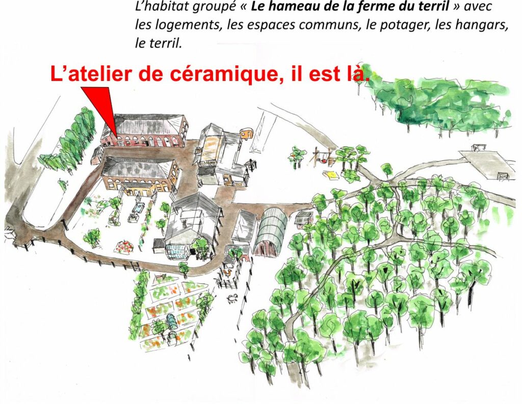 plan imagé de l'habitat_groupé "le_hameau_de_la_ferme_du_terril".
l'atelier de céramique et poterie "l'atelier_du_terril" est situé dans la cour. adresse du lieu : rue des Résistants 48 5190 Ham_sur_sambre